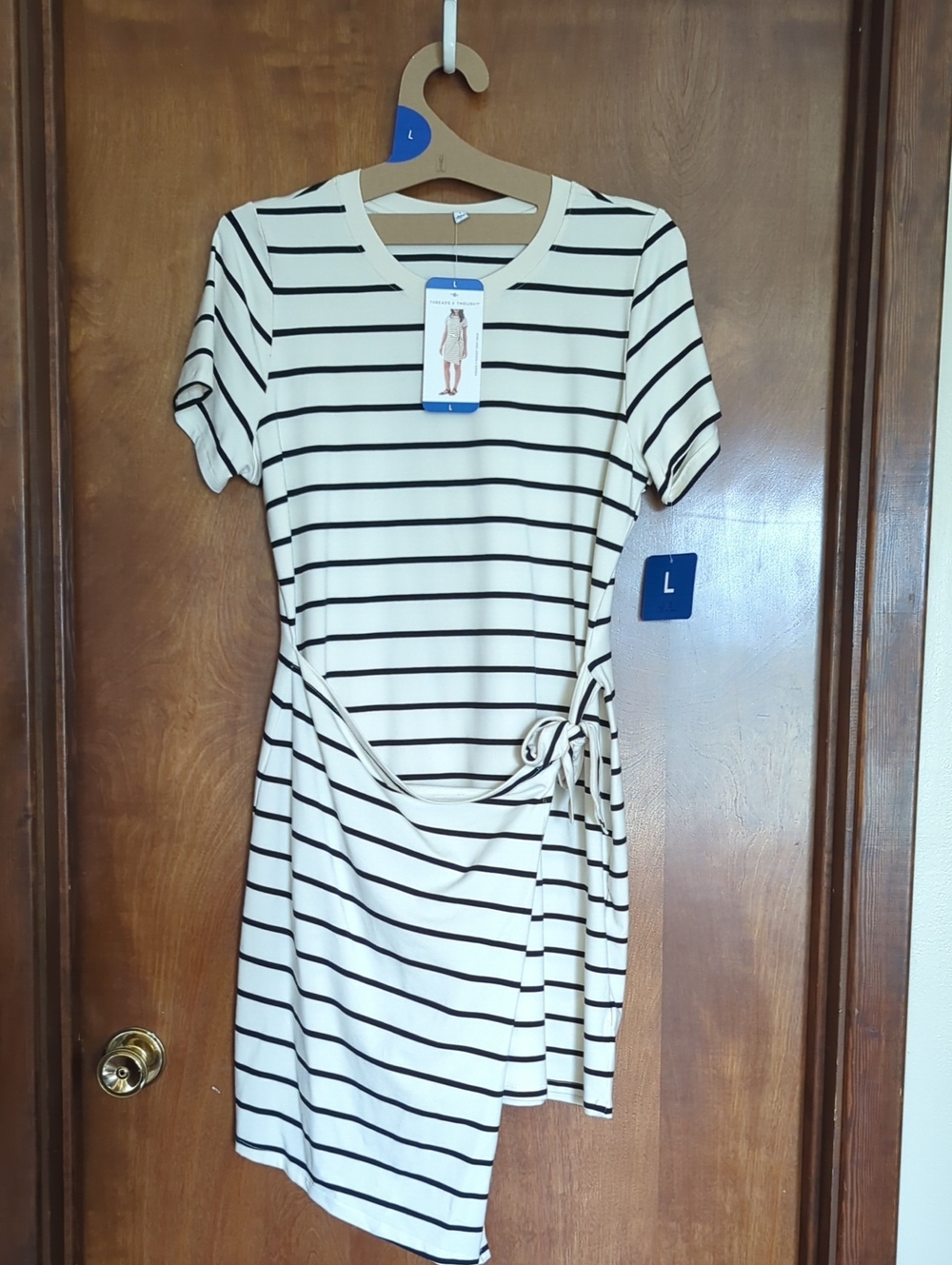 Threads 4 Thought Cream and Black Striped Short Sleeve Wrap Dress
